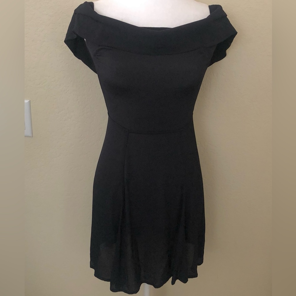 Reformation Black Off-Shoulder Semi Sheer Mini Dress